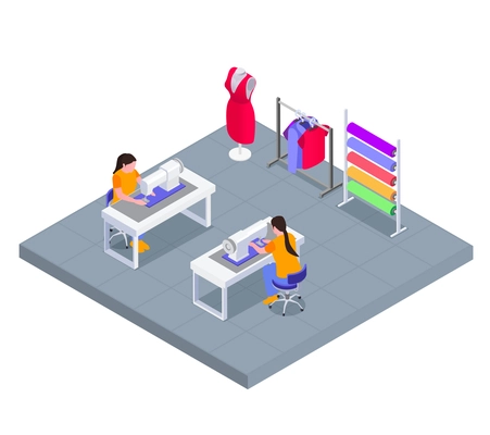 Textile mill workplace isometric concept with seamstress female characters working at sewing machine vector illustration