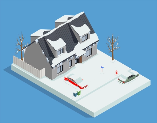 Snow cleaning removal machinery isometric composition with outdoor winter view of snowy living house and cars vector illustration