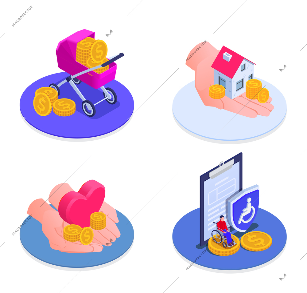 Social security isometric icons set of maternity support unemployed and disabled benefits isolated vector illustration