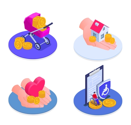 Social security isometric icons set of maternity support unemployed and disabled benefits isolated vector illustration