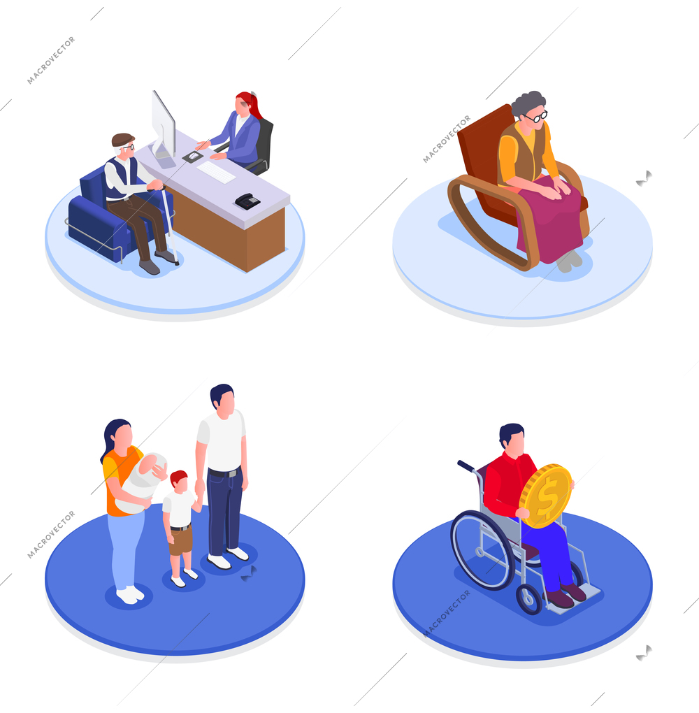 Social security 2x2 design concept set of family benefits help to elderly unemployed and disabled people isometric vector illustration