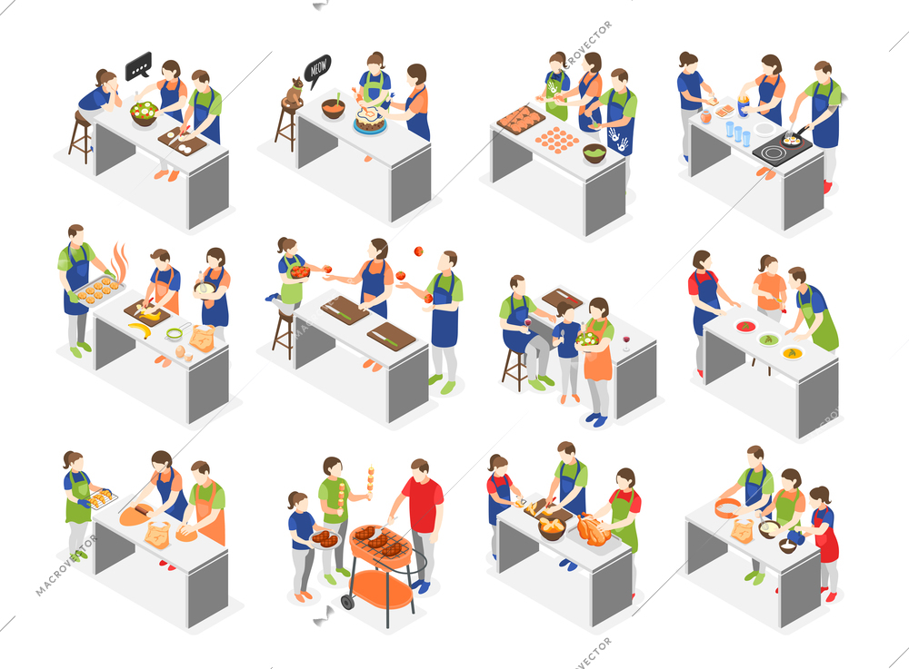 Family cooking icons set with culinary process symbols isometric isolated vector illustration