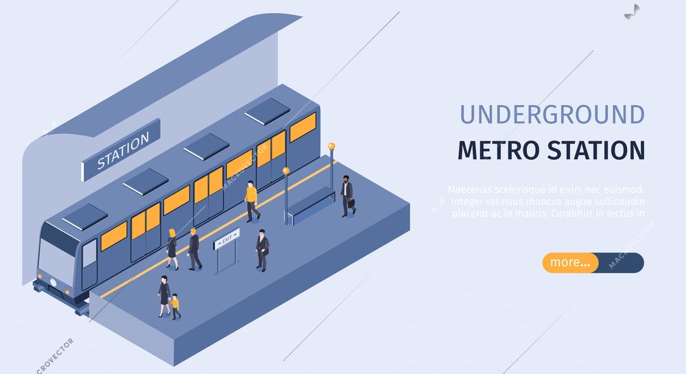 Subway underground metro station isometric horizontal web banner with passengers on platform  boarding train carriage vector illustration