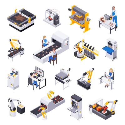 Footwear shoes production isometric set of isolated icons images of production facilities lines conveyors and workers vector illustration