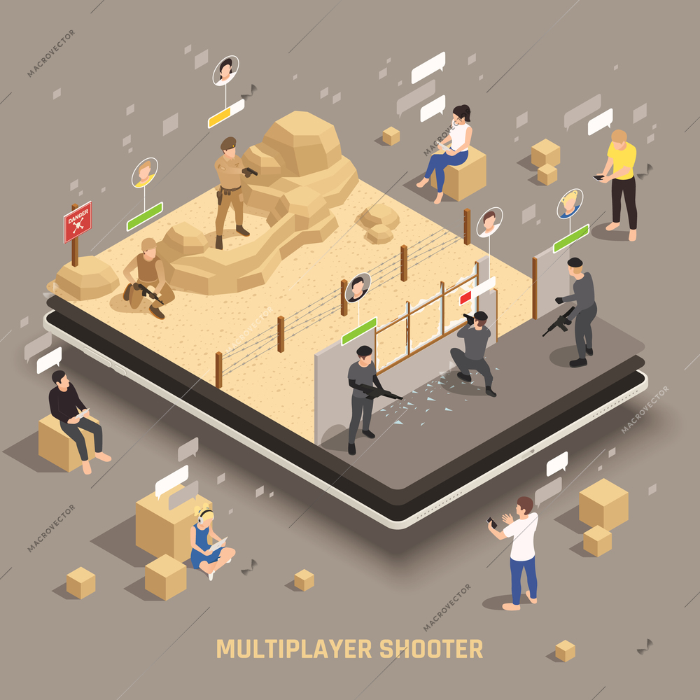 Mobile gaming extra weapon equipment multiplayer apps players controlling special operations fire team shooting isometric vector illustration