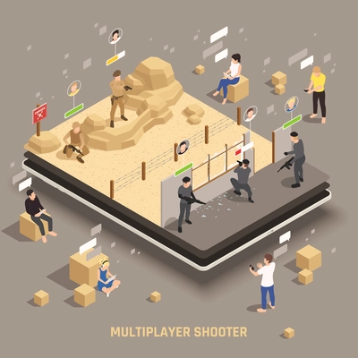 Mobile gaming extra weapon equipment multiplayer apps players controlling special operations fire team shooting isometric vector illustration