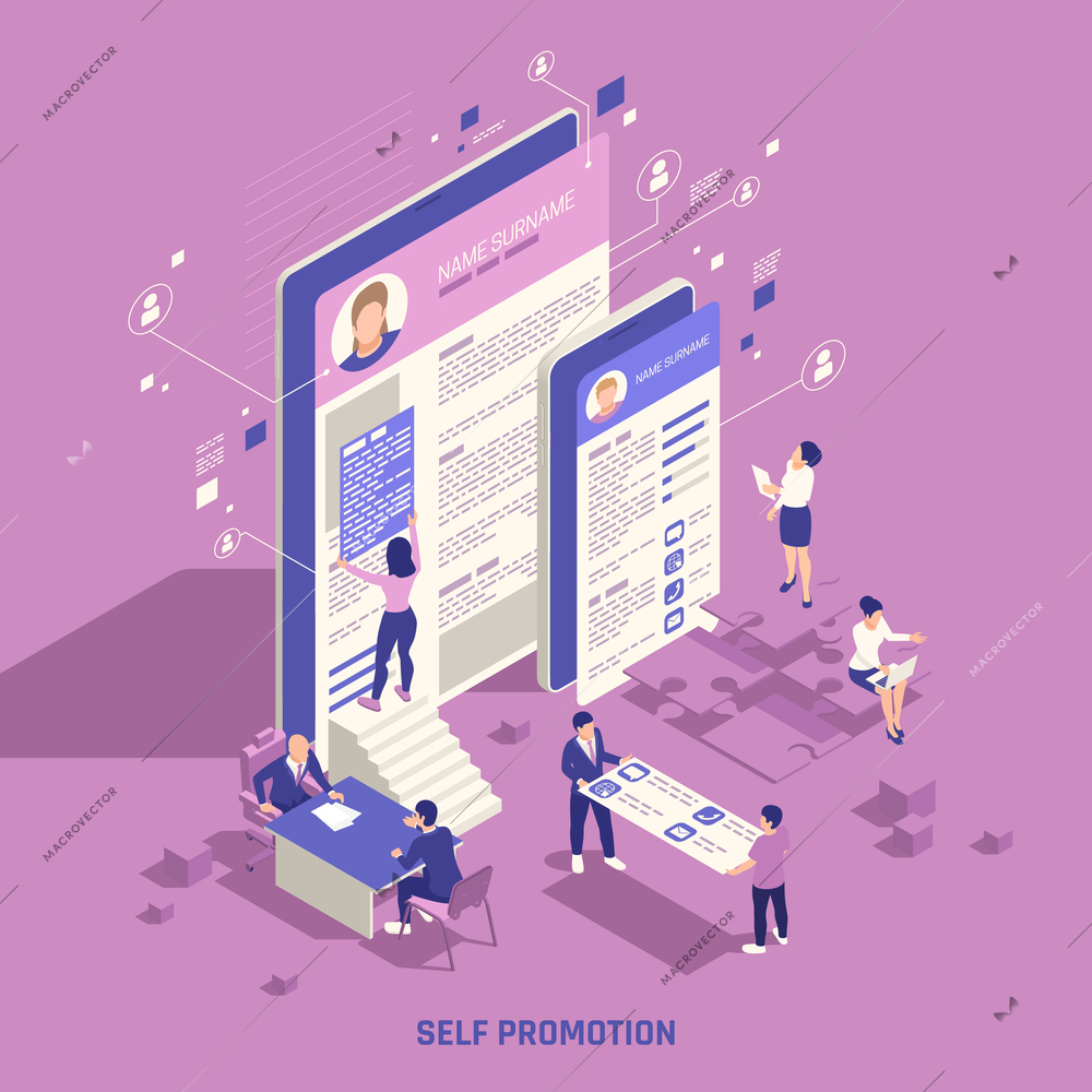 Self promotion personal branding strategic marketing skills building social network online presence isometric background composition vector illustration