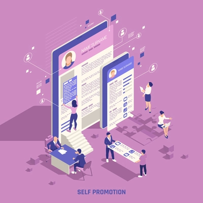 Self promotion personal branding strategic marketing skills building social network online presence isometric background composition vector illustration