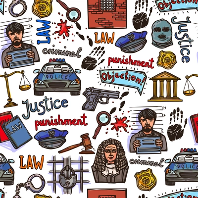 Law justice police and legislation icon color sketch seamless pattern vector illustration