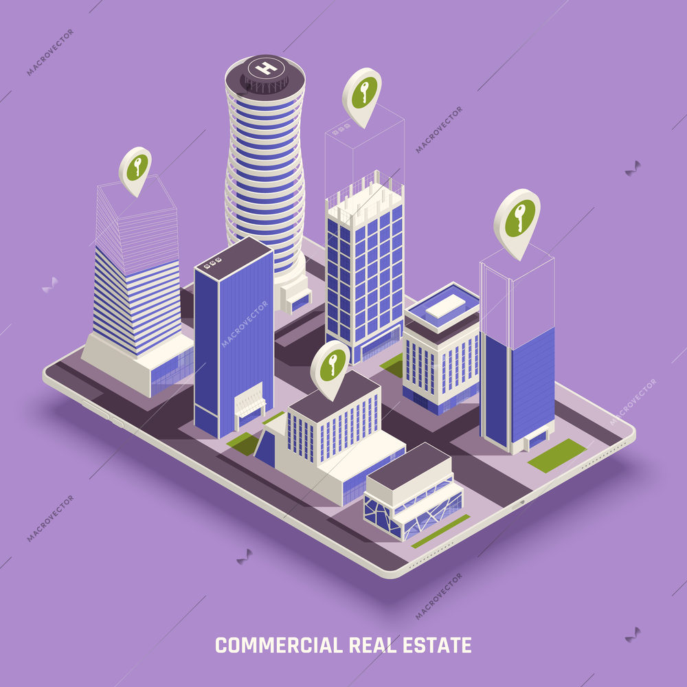 Sell buy rent commercial real estate apartment house office building isometric composition on smartphone screen vector illustration