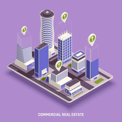 Sell buy rent commercial real estate apartment house office building isometric composition on smartphone screen vector illustration