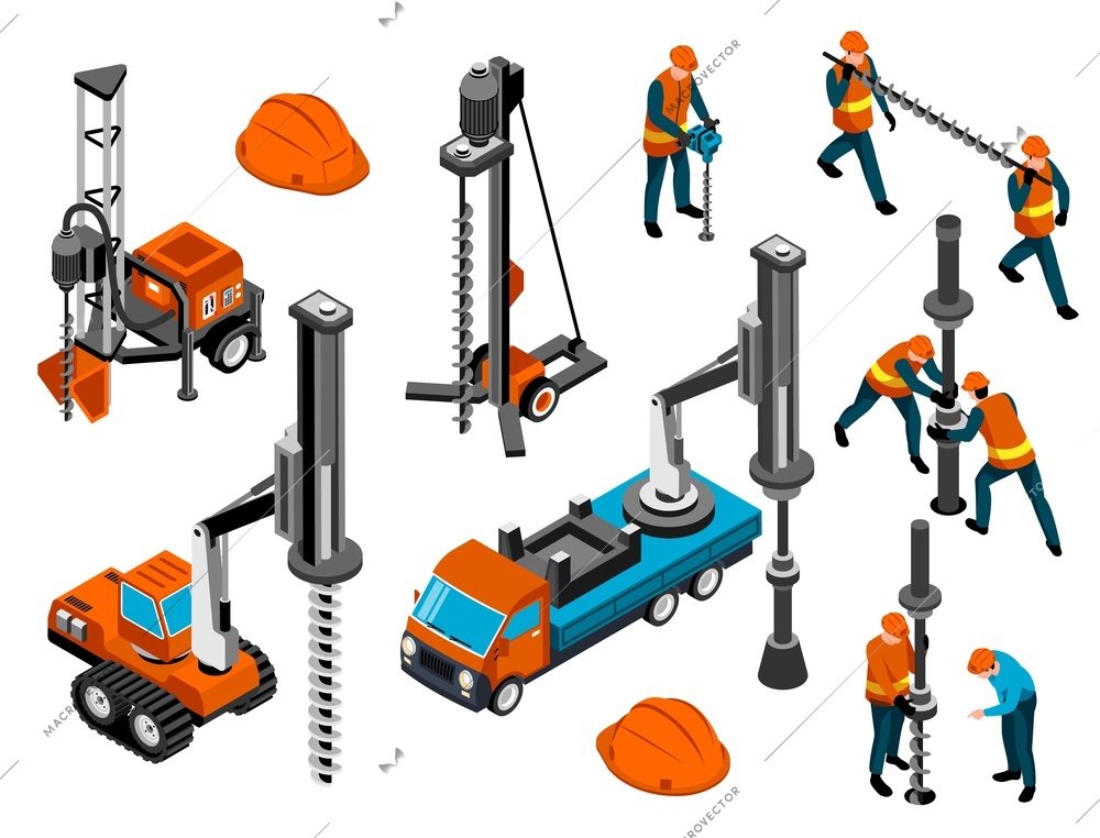 Driller engineer uniform helmet equipment machinery for rock ground holes drilling mining tunneling isometric set vector illustration