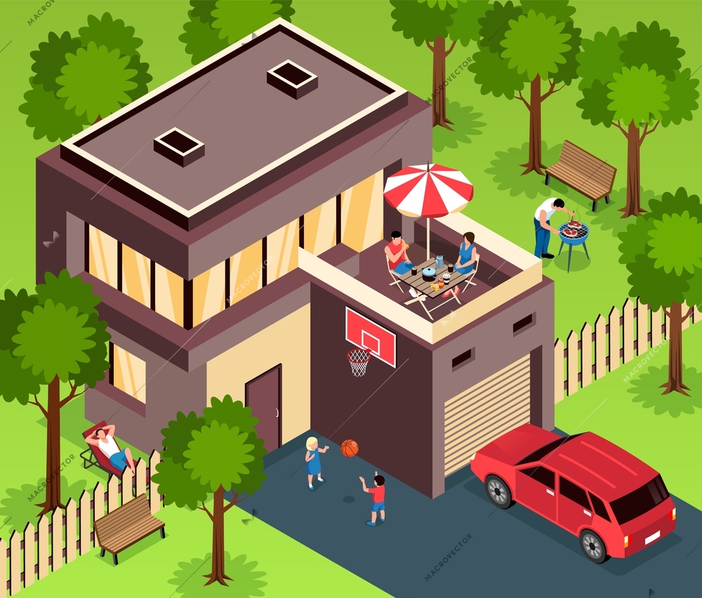 Two story modern suburban family house with wooden deck garage surrounded by green lawn isometric vector illustration