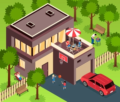 Two story modern suburban family house with wooden deck garage surrounded by green lawn isometric vector illustration