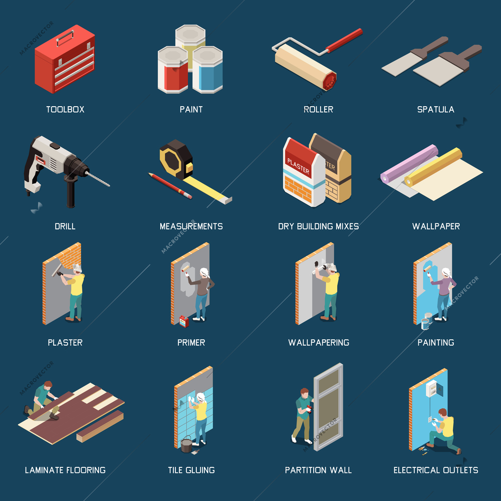 DIY isometric icons set with tools for renovation and characters doing repairs isolated vector illustration