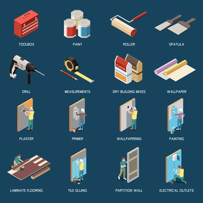 DIY isometric icons set with tools for renovation and characters doing repairs isolated vector illustration