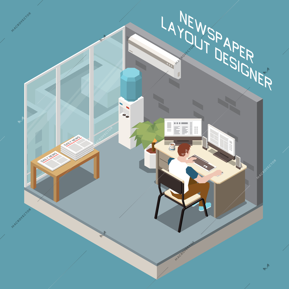 Male layout designer working on computer at editorial office with printed newspapers on table isometric vector illustration