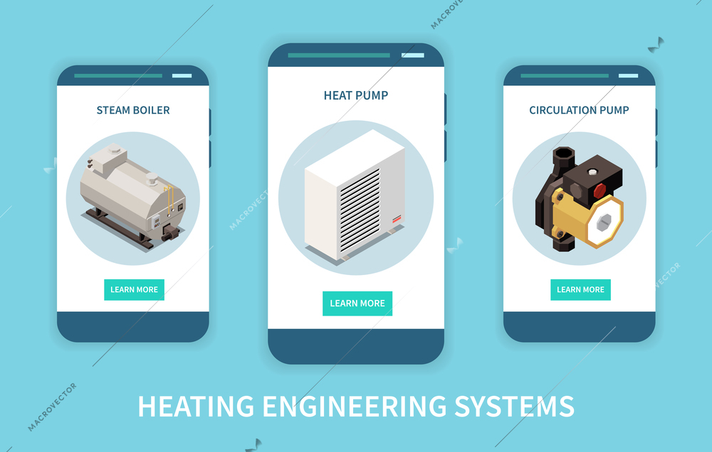 Heating engineering system isometric vertical banners set with 3d steam boiler heat and circulation pump isolated vector illustration