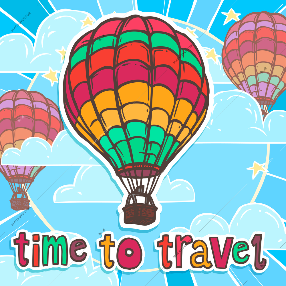 Travel poster with colorful flying hot air balloon vector illustration