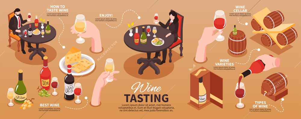 Wine tasting isometric infographics with glasses barrels bottles cheese grapes people vector illustration