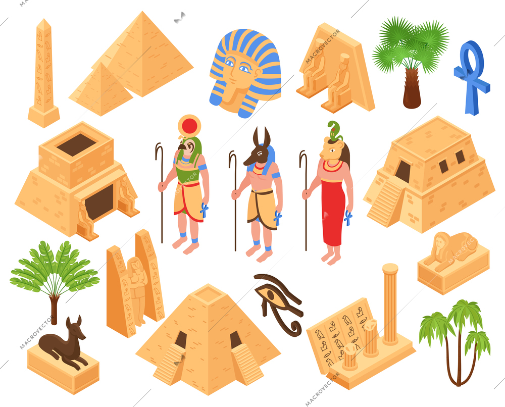 Ancient egypt culture symbols kings valley monuments pyramids temple sphinx gods statues palms isometric set vector illustration