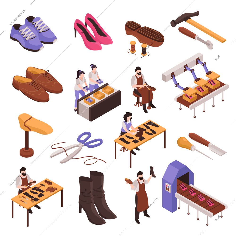 Shoes repair manufacturing process isometric set with shoemaker traditional craftsman tools modern footwear production line vector illustration