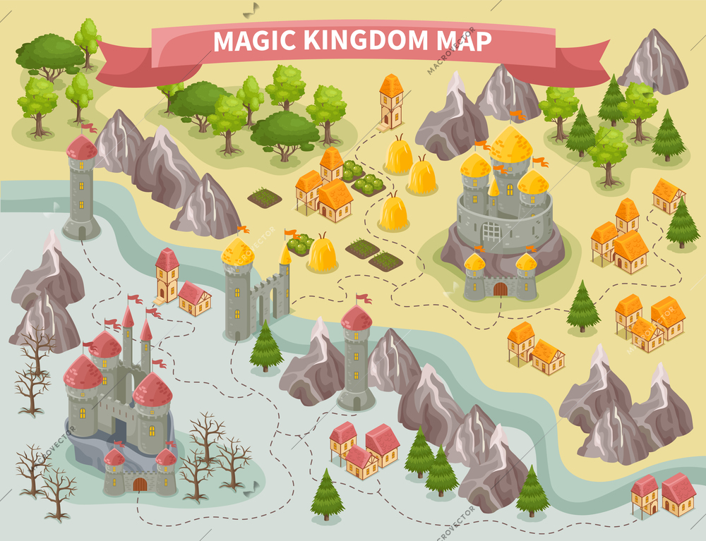 Isometric colorful map of magic kingdom with castles forest city 3d vector illustration