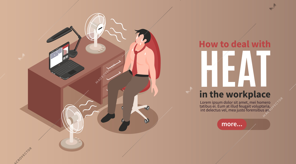 Exhausted sweating man trying to deal with heat in office using two fans isometric horizontal banner vector illustration
