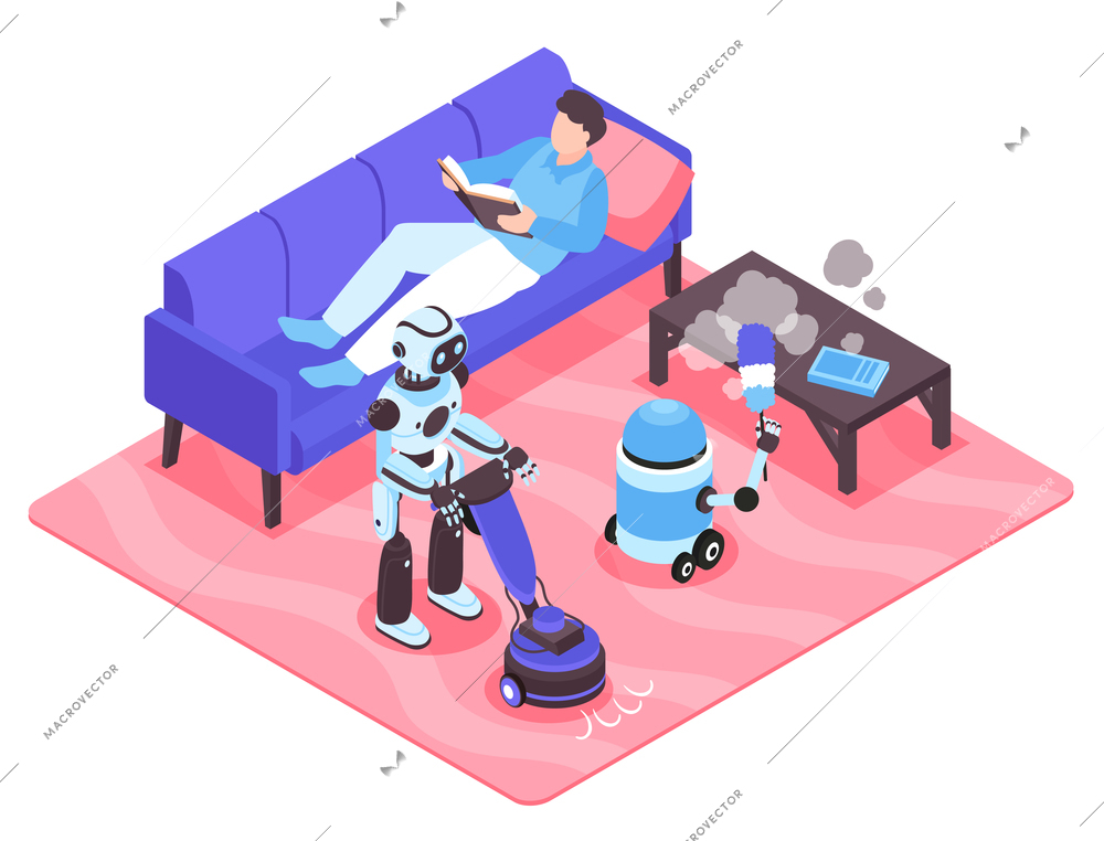 Robot helpers hoovering and dusting while man reading book on sofa isometric vector illustration