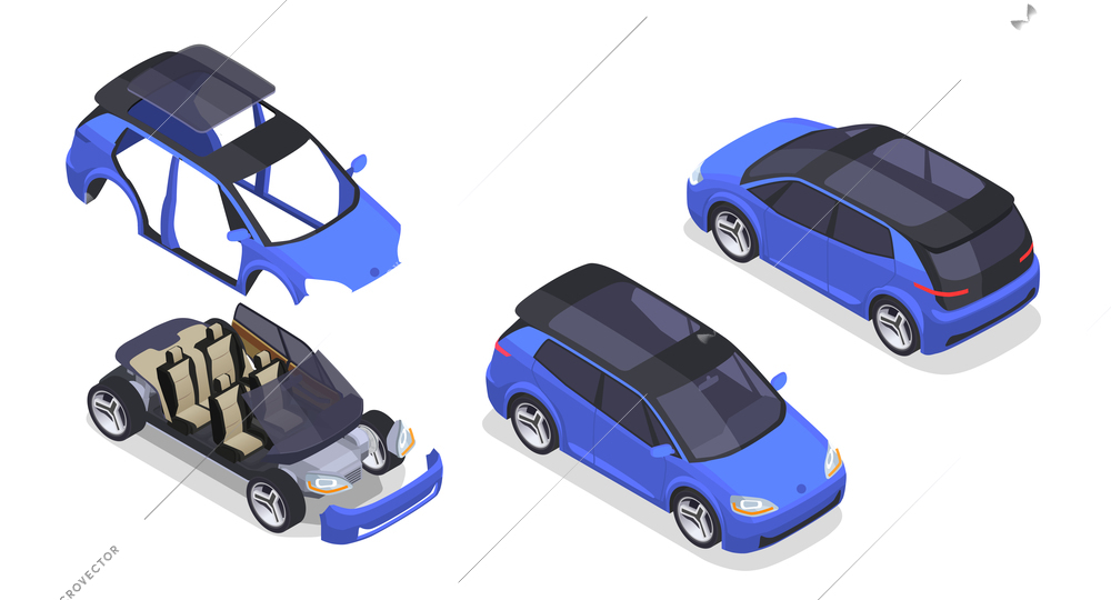 Car designer isometric set with prototype and modeling symbols isolated vector illustration