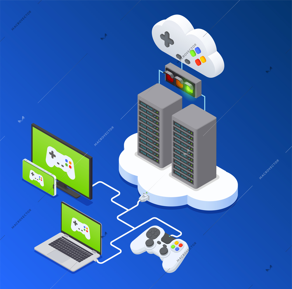 Cloud gaming isometric concept with cyberspace access symbols vector illustration