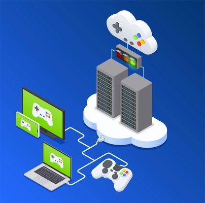 Cloud gaming isometric concept with cyberspace access symbols vector illustration