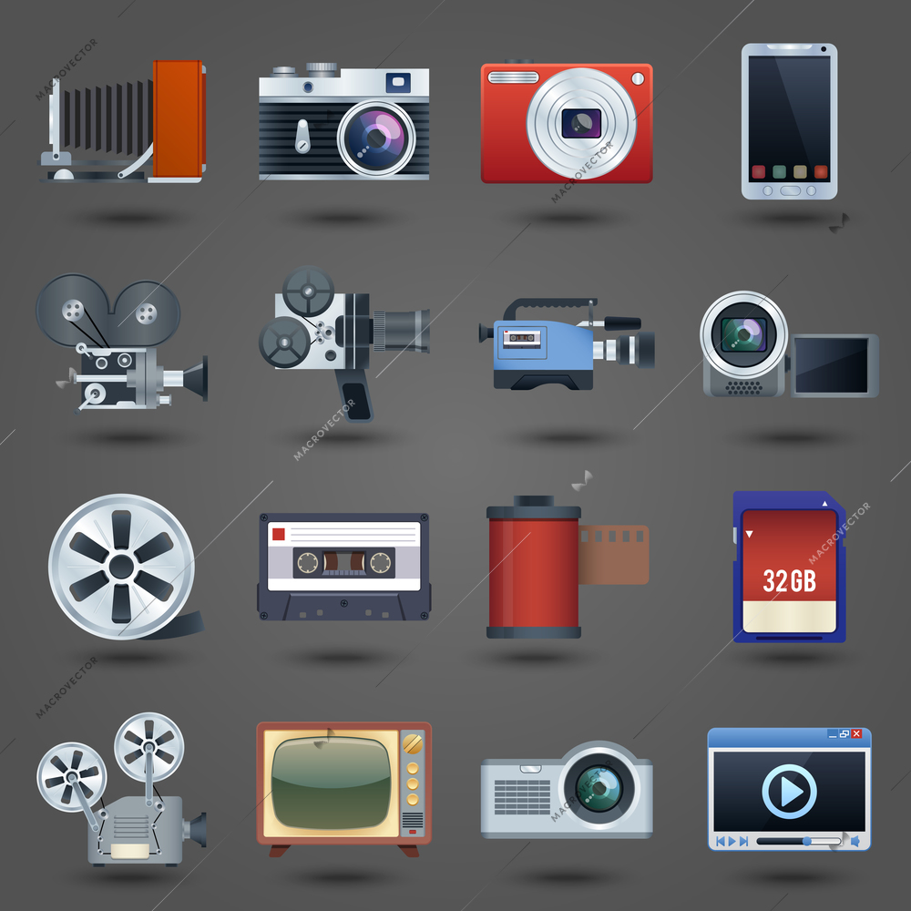 Photo video camera and multimedia equipment set isolated vector illustration