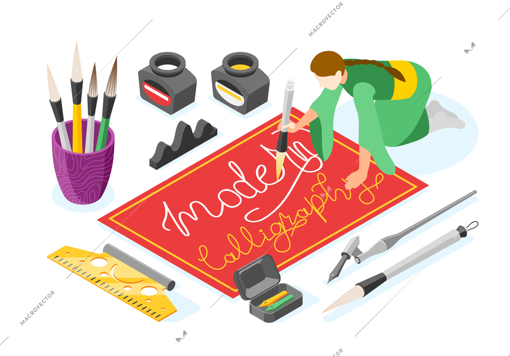 Hobby calligraphy isometric background with female character writing ornate text with dip pens ruler and inkwell vector illustration