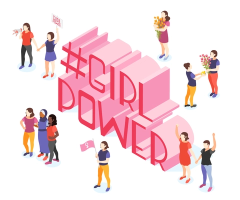 International womens day isometric composition with 3d text surrounded by female characters holding flowers and flags vector illustration