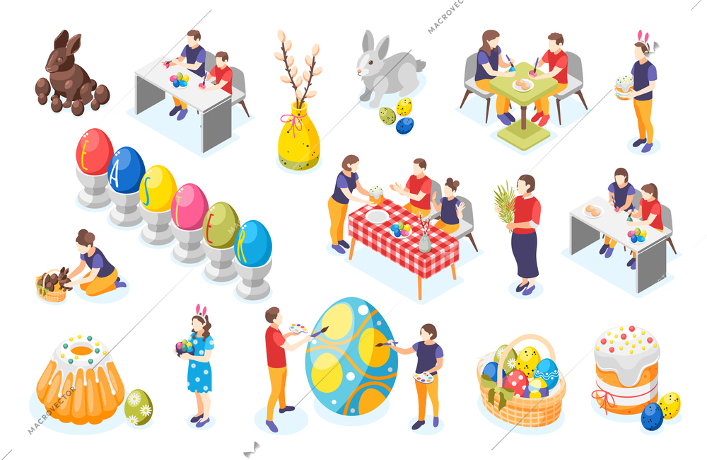 Set of isolated easter icons with isometric images of painted eggs cakes sweet bunnies and people vector illustration