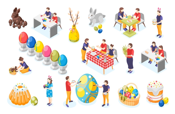 Set of isolated easter icons with isometric images of painted eggs cakes sweet bunnies and people vector illustration