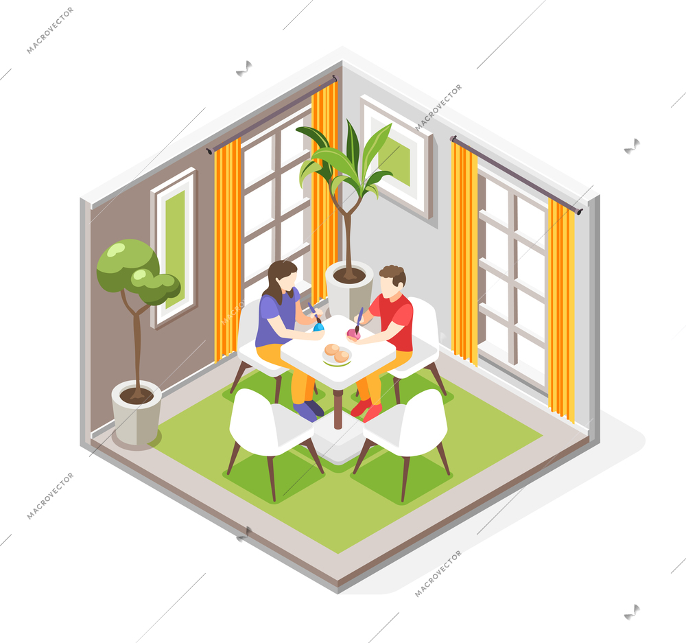 Easter isometric composition with indoor view of dining room with human characters painting eggs at table vector illustration