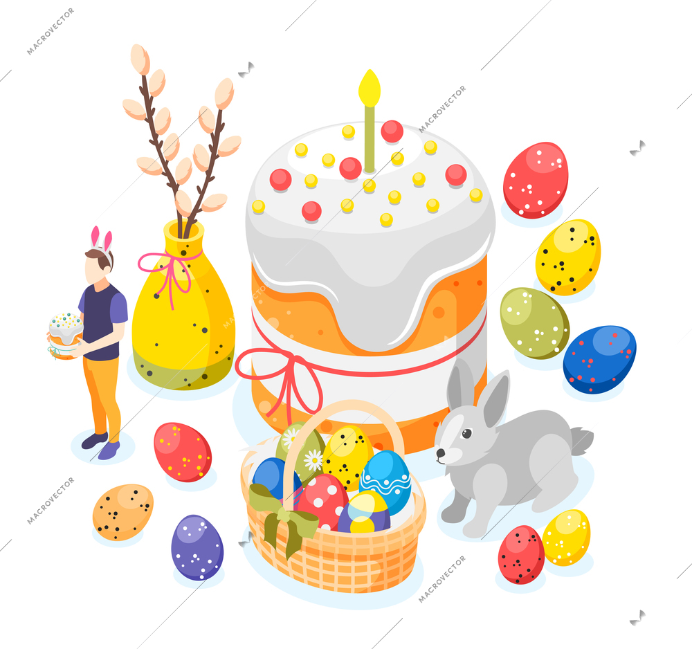 Easter isometric background composition with images of painted eggs big easter cake bunny and willow branch vector illustration