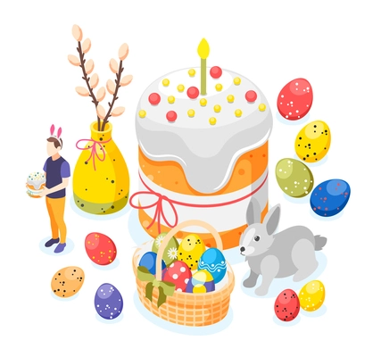 Easter isometric background composition with images of painted eggs big easter cake bunny and willow branch vector illustration