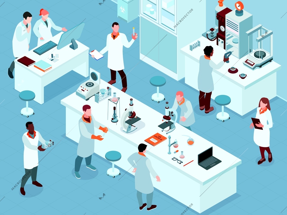 Colored and isometric science laboratory composition with group of scientists in the workplace vector illustration