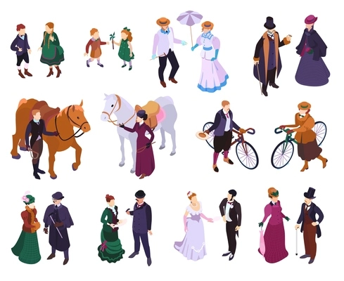 Isometric victorian fashion color set with isolated human characters of medieval people with adults and children vector illustration