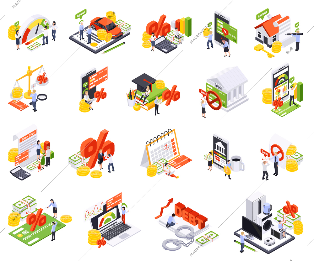 Bank loan isometric set of isolated financial icons with small human characters of clerks and clients vector illustration