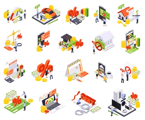 Bank loan isometric set of isolated financial icons with small human characters of clerks and clients vector illustration