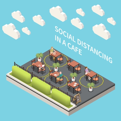 Social distancing isometric composition with editable text and people sitting at tables with marked distance amounts vector illustration