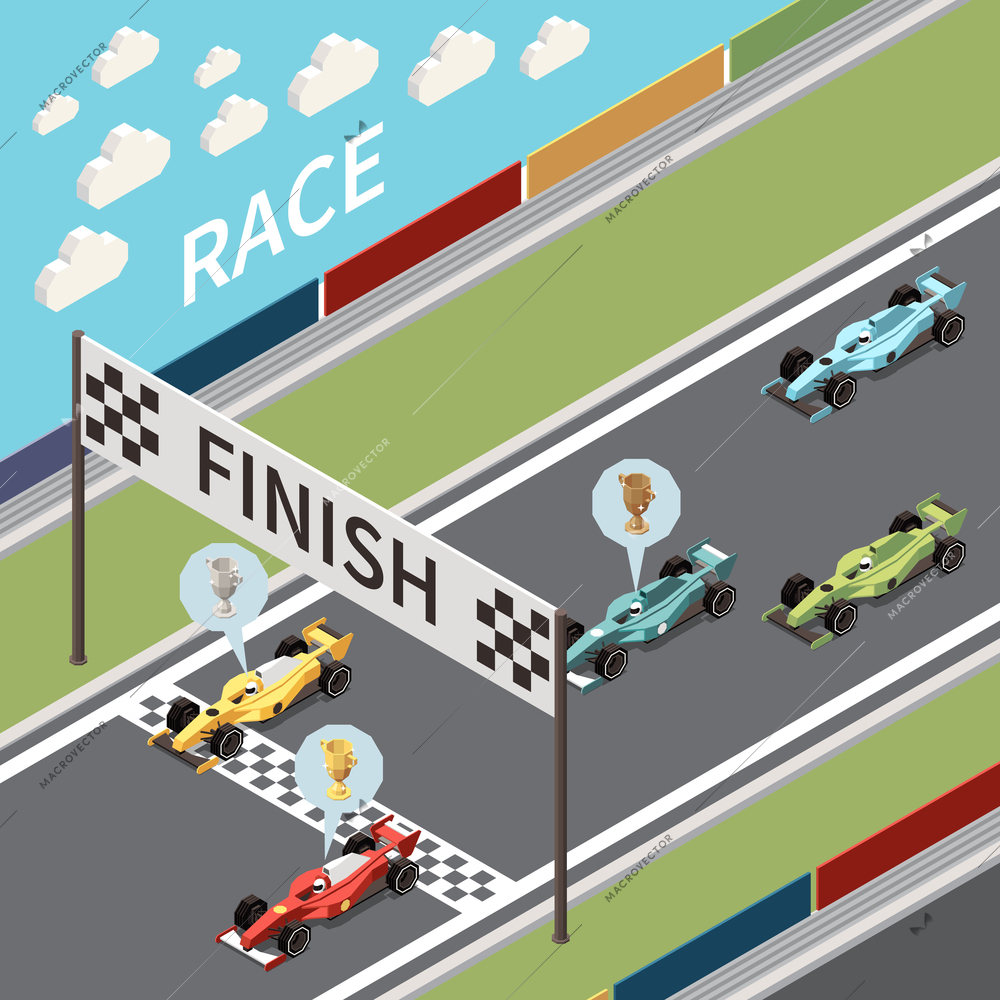 Car race isometric composition with view of asphalt track and cars crossing finish line with text vector illustration