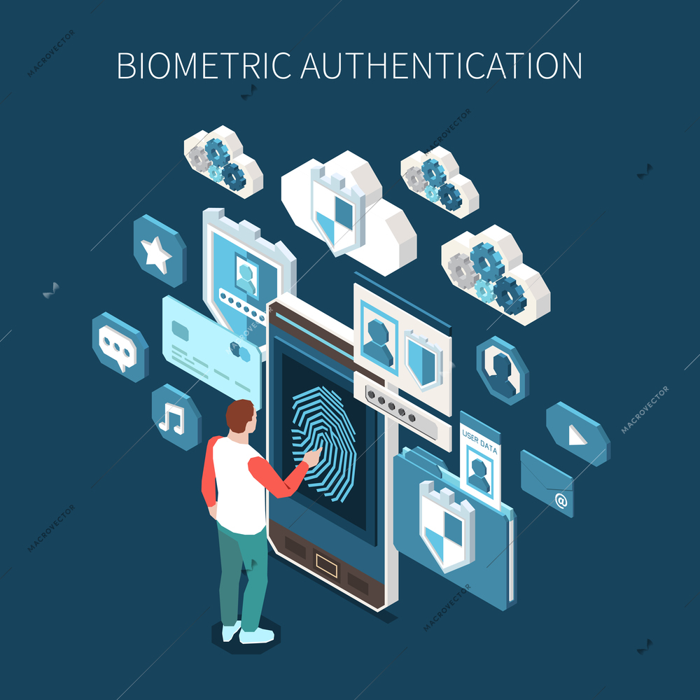 Biometric authentication isometric composition with human character touching smartphone with fingerprint surrounded by profile app icons vector illustration