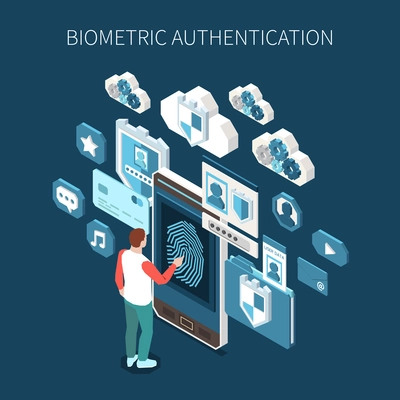 Biometric authentication isometric composition with human character touching smartphone with fingerprint surrounded by profile app icons vector illustration