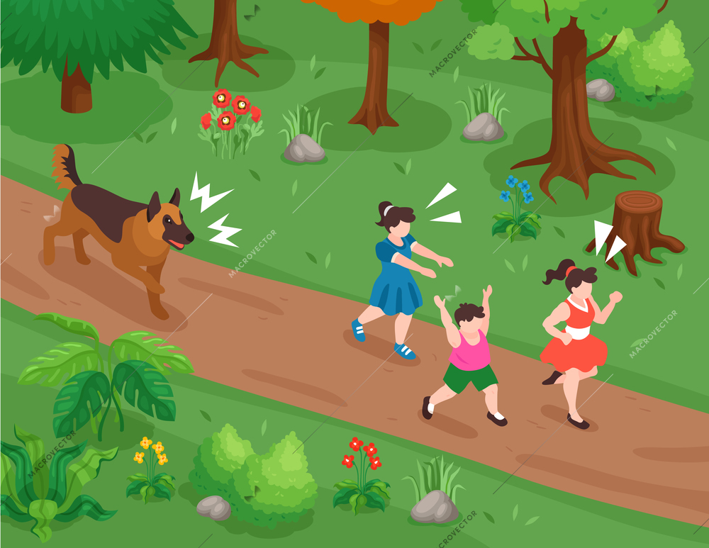 Kids running background with dog and park symbols isometric vector illustration