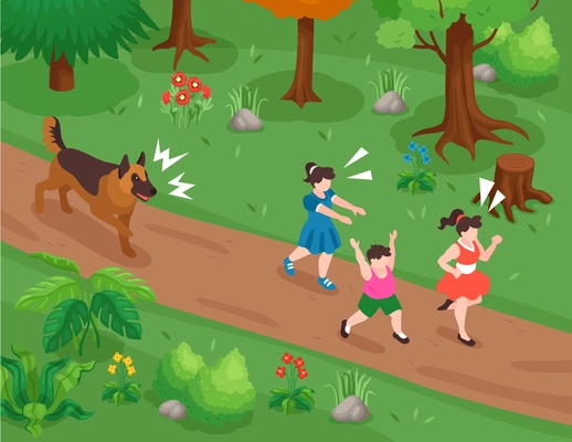 Kids running background with dog and park symbols isometric vector illustration